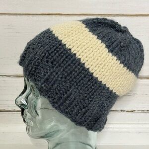 Handmade Knit Beanie – Blue & Cream Stripe